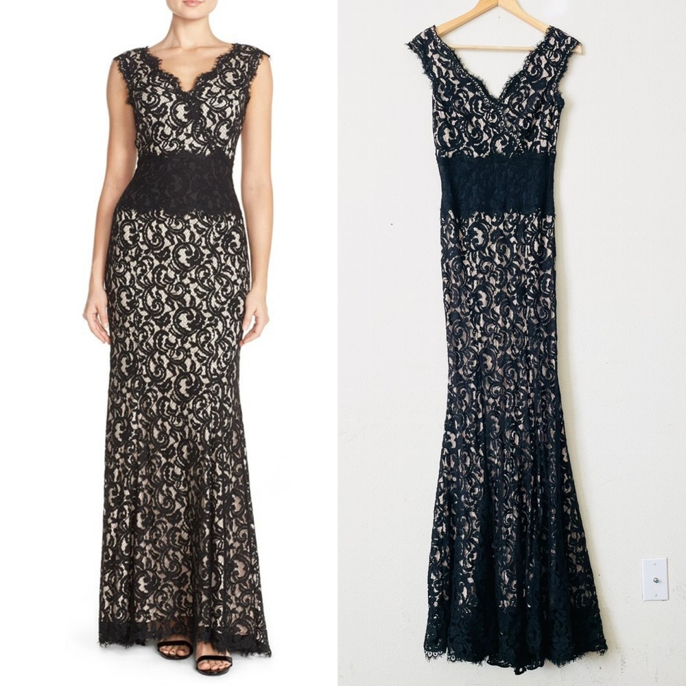 Tadashi Shoji SIZE 2 waist contract Vneck sleeveless lace maxi dress grown